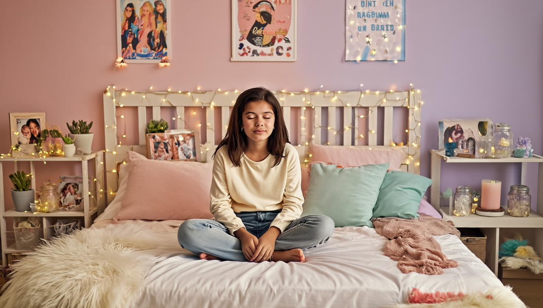 A child meditates in her room