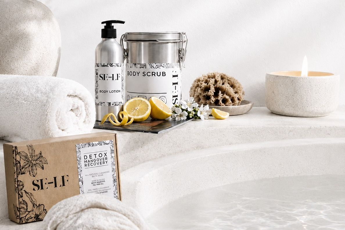 SE-LF body products including a body lotion, body scrub, and detox experience gift set on a white surface with a plant in the background.